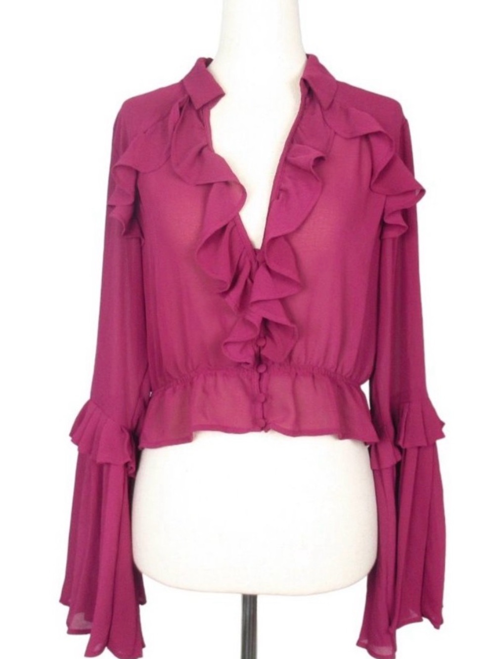 Anthropologie magenta flare sleeve sheer top